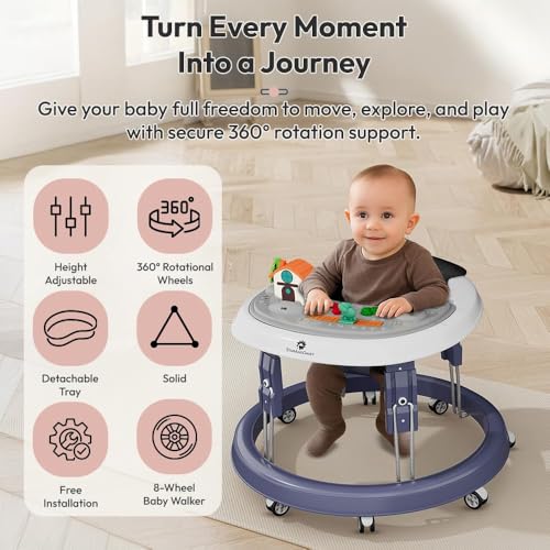 Image of StarAndDaisy Walker for Kids 6 to 24 Months /Baby Walker Boys & Girls with 360 Rotational Wheels, Toy tray & Padded Seat /Foldable Walker for Kids for 1 Year with Adjustable Height (Blue With toy tray)