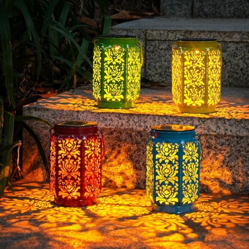 Lot de 4 lanternes solaires d'extérieur étanches IP44 - Cadeau de fête des mères - Décoration de jardin - Lanterne LED à suspendre avec poignée pour...