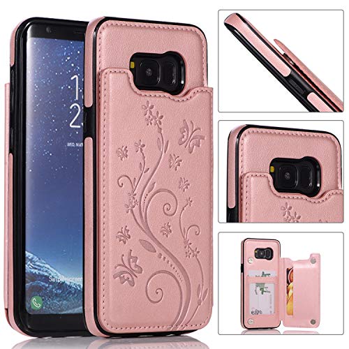 QFUN Back Wallet Case for Samsung Galaxy S8 with Stand, Elegant Embossed Design [Butterfly Flower] Lightweight Slim Fit Leather Phone Case with Card Holder Protective Bumper Flip Cover - Rose Gold