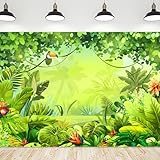 Picture of Riyidecor Jungle Safari Backdrop Fabric Polyester Green Animation Kids Rainforest Cartoon Photography Background 7Wx5H Feet Animal Decoration Celebration Props Party Photo Shoot Baby Shower Table