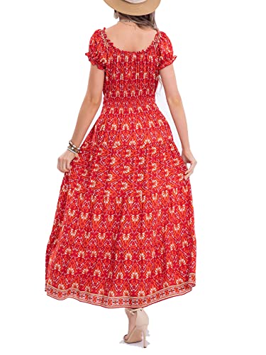 Image of OSTOO Women's Floral Maxi Dress Boho Summer Short Sleeve Smocked Waist Tiered Long Dress