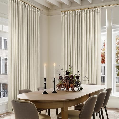 Image of Extra Wide Pinch Pleat 100 x 90 Inch Linen Curtains for Living Room Neutral Beige Light Filtering Semi Sheer Pleated Curtains for Patio Glass Sliding Door Dining Bedroom Large Window 100x90 1 Panel