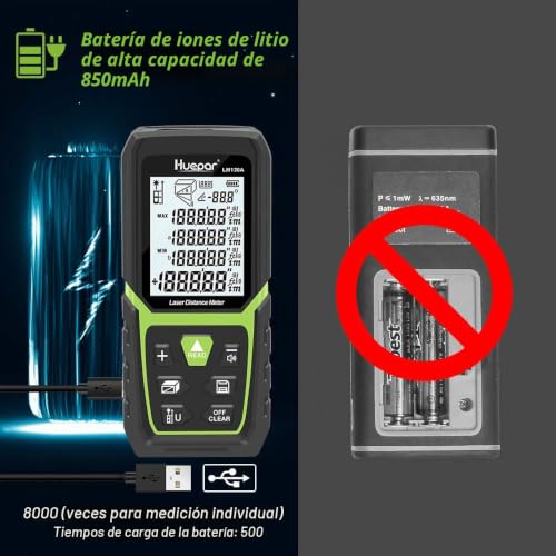 Miniatura 2 de Huepar Telémetro Láser 120m Con Batería De Ion De Litio Y Sensor De Ángulo Eléctrico, Lcd Retroiluminado Medida Láser M In Ft Con Alta Precisión Modos De Medición Múltiple, Pitagórico-Lm120a
