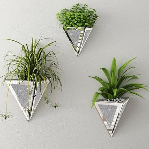 blingworld Silver Mirrored Wall Vase Set of 3, Bling Decorative Glass Flower Vases for Wall Decor, Wall Hanging Planters for Indoor Faux Plants, Can't Hold Water Cover