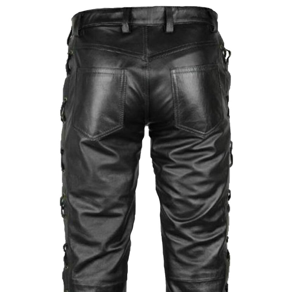 Generic Men's Black Cowhide Leather Biker Pants with Lace-Up Closure and Side Laces4