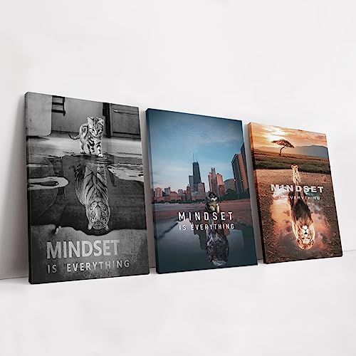 KAWAHONE Impression sur toile représentant un lion motivant – Affiches inspirantes – Impressions sur toile « Mindset is Everything » – Œuvre d'art encadrée pour bureau et salon – Prêt à accrocher