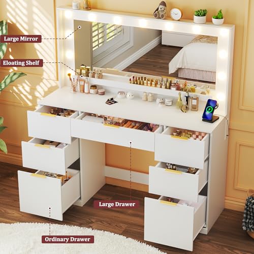 Image of HUAHUU Vanity Desk with Mirror and Lights, 45.3in Makeup Vanity with 7 Drawers & Large Mirror, White Vanity with 3-Color Adjustable Lighting & Power Outlet, Vanity Desk for Bedroom