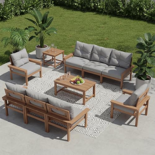 Tobeos HDPE 10 Piece Outdoor Patio Furniture Set, All-Weather Outdoor Couch Set with Thick Cushions & Table, Patio Conversation Set for Lawn, Garden, Porch, Balcony, Deck, Poolside, Teak Grey