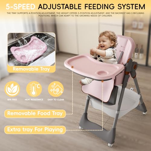Image of Foldable Baby High Chair with Removable Double Tray & Storage Basket, High Chairs for Babies and Toddlers,5 Height Levels,3 Backrest & Footrest Positions,Removable Double Tray,Lockable Wheels (Pink)