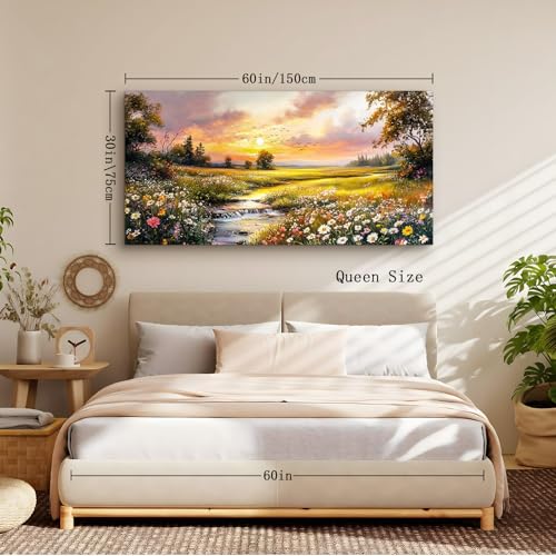 crmotu Nature Sunset Wall Art, Pastoral Extra Large Landscape Painting, River Meadow Wildflower Canvas Prints, Rustic Wall Pictures for Living Room Dining Room Farmhouse Decor Ready to Hang 30X60 In