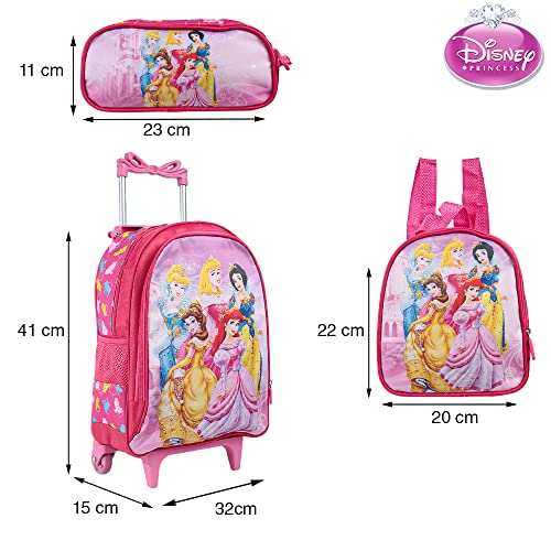 Kit Mochila Escolar Infantil Princesas Com Rodinhas