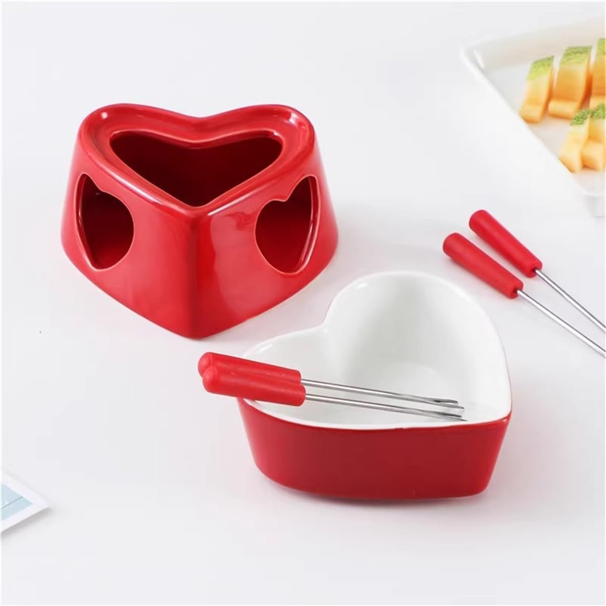 Cheese Heating Hot Pot Stove Compact Portable And Ultra-flexible Safety Durable Heart Ceramic Pot for Chocolate Ice-cream Melting Fondue(Red)