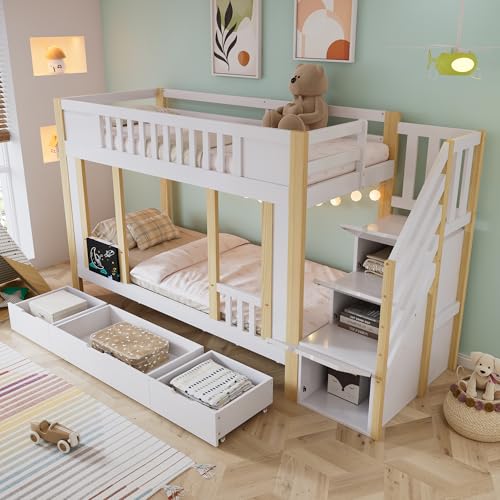 ECLIVON Litera Cama Infantil 90x200 con Escalera de Almacenamiento, Blanco