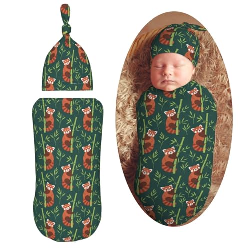 Image of Cute Red Panda Newborn Swaddle Blankets Hat Sets Soft Baby Receiving Blanket Swaddle Sack for Baby Shower Infant Boy Girl Gift