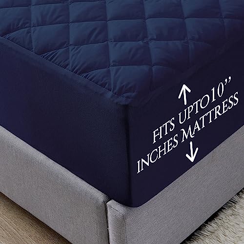 Image of Glassiano Sapphire Waterproof Quilted Mattress Protector 80x72 Inch for Double Bed King Size - Ultra Soft & Hypoallergenic Mattress Cover (Navy Blue - 1 Pcs)