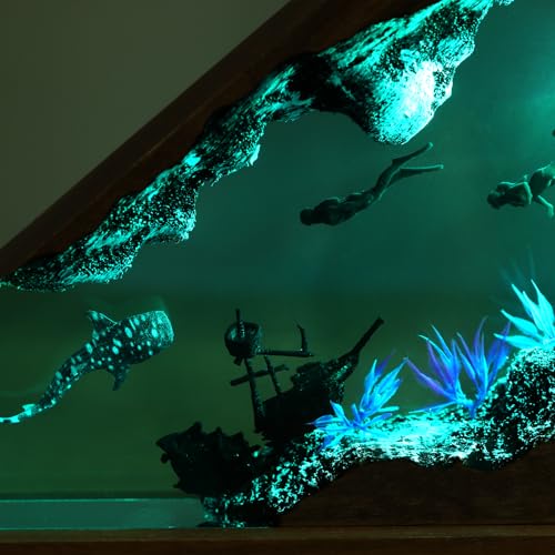 Image of Drawelry Ocean Creative Epoxy Resin Wood Light Lamp, Handmade Multi Color Aquatic Ocean Lamp Deep Sea Cave Diving Enthusiasts Led Night Light Desktop Decor Birthday Gift (Couple Diver, M)