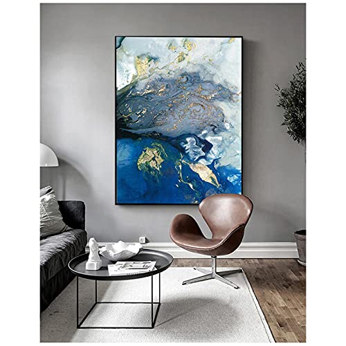 Canvasdruk kunst decor afbeelding woonkamer decor blauw goud modern abstract oceaan muur Nordic schilderij hedendaags… - Afbeelding 4