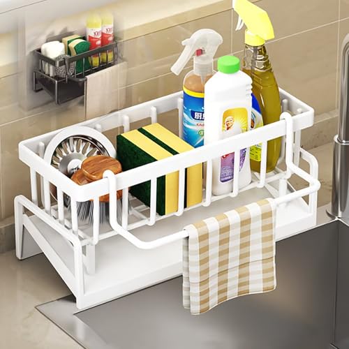 JJIW Sink Caddy, Kitchen Sink Organiser With Self Draining Tray, Stainless Steel Dishcloth Sponge Holder For Kitchen Storage & Organisation(White)
