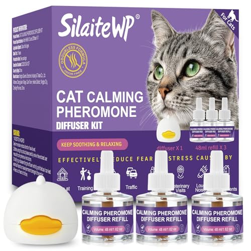 SilaiteWP Calming Pheromone Diffuser for Cats Relieves Anxiety and Stress Calming 1 Diffuser for Cats 3 Refills, Reduces Fighting and Scratching Calming Relaxation