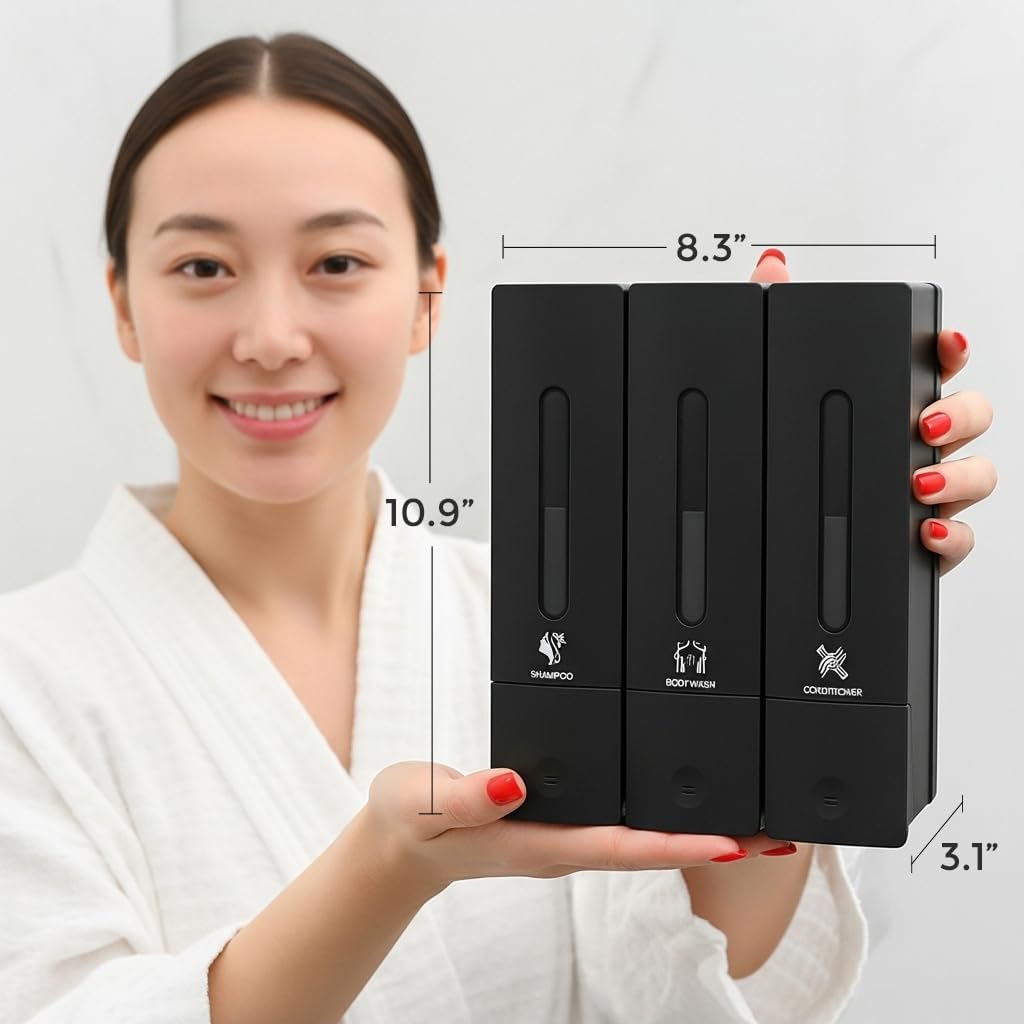 Soap Dispenser - 3 Chamber - 3x400ml - No Drill Wall Mount Bottles Organizer Toiletries for Cream Lotion Liquid Soaps Shampoo Conditioner Storage - Modern Essentials Bathroom Set - Black 2