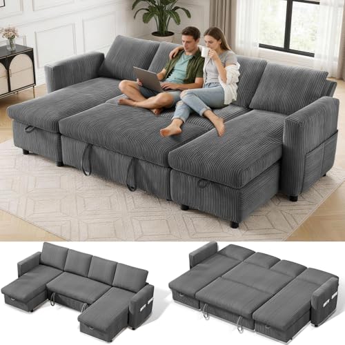 Image of WEUP 106 inch U Shaped Sectional Sleeper Sofa Bed with Pull Out Bed, Sectional Sleeper Couch Pull Out Couch with Reclining Backrest /Reversible Storage Chaise /USB Ports /Tool-Free Assembly, Corduroy Grey