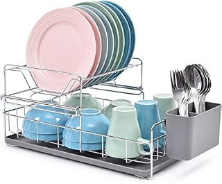 KINGRACK 2 Tier Dish Drainer Rack, Steel Dish Rack with Removable Cutlery Holder & Drip Tray, Compact Draining Rack, Dish Draining Rack, Kitchen Supplies Storage Rack, Grey
