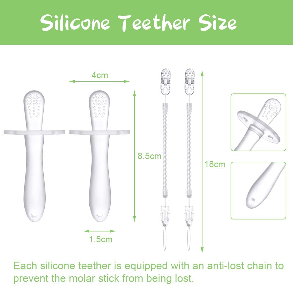 Vicloon Giocattolo Dentizione Neonati oltre 2 mesi, 2PCS Massaggiagengive in Silicone Alimentare Senza BPA, Giochi Massaggia Gengive con 2 Catenella Portaciuccio