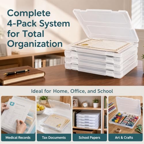 Image of Hiceeden 4 Pack Plastic File Project Case for 8.5 inchx11 inch Letter Paper, Clear Document Storage Boxes Container, Flat Paper Holder Organizer for Magazine, Photo, Scrapbook, Office School Supplies