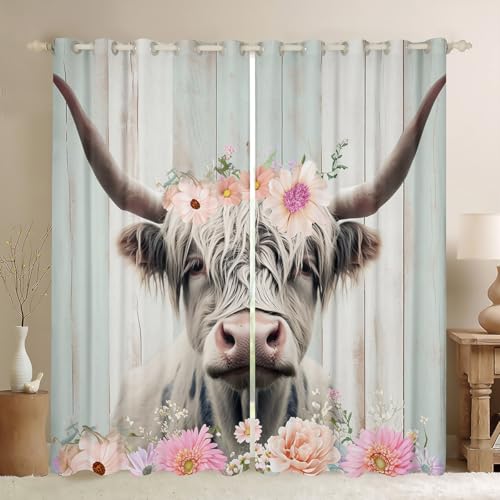 Feelyou Kids Pink Floral Highland Cow Window Curtains Highland Cattle Darkening Drapes Pink Floral Western Cow Bull 30%-50% Blackout Curtains Boys Farmhouse Window Treatments (2 Panels, 38 x 45 Inch)