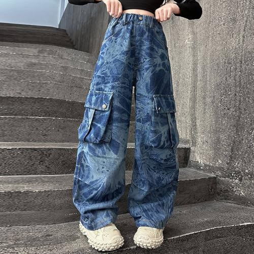 Girls Cargo Pants 𝗩intage Casual Wide Leg Elastic Waist Jeans Straight Leg Loose Denim Pants with Pockets3
