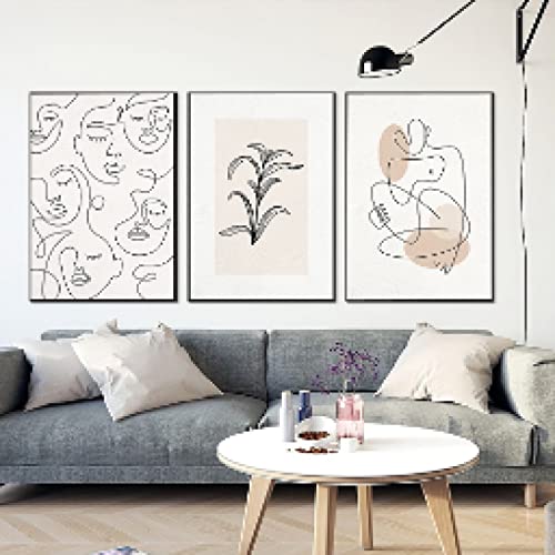 Art mural Mid Century visages femme et lignes botaniques sur toile 50x70cm