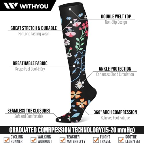 WITHYOU 3 Pairs Compression Socks for Women & Men 15-20 mmHg,Best Support for Nurses Running Hiking3
