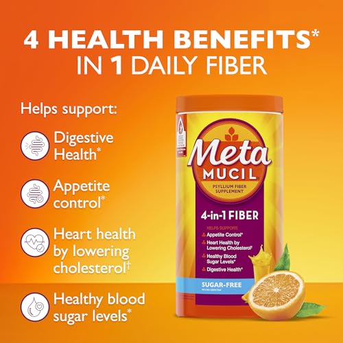 Metamucil 4-in-1 Psyllium Husk Fiber Supplement, Sugar-Free, 180 teaspoons, Orange Flavored, Daily Fiber Powder for Digestive Health, made with Plant-Based Psyllium Husk Fiber