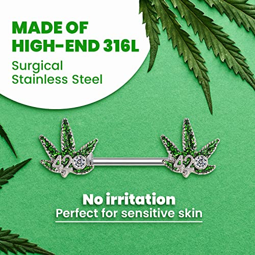 Pierce2GO Piercing de mamilo cirúrgico de aço inoxidável 14G conjunto de 2 folhas de maconha - 420 a