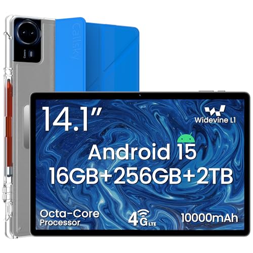 Image of 14 Inch Android 15 Tablet, 16GB RAM+256GB ROM, 1920x1200 FHD IPS Display, Widevine L1, 10000mAh Battery, 4G LTE, Wi-Fi & Bluetooth 5.0, Multi-Angle Stand Case & Stylus Pen,6ft Type-C Cable - Blue