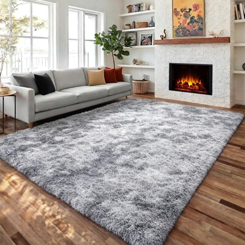 PAGISOFE Light Grey Shaggy Abstract Area Rug 6x9 Feet, Plush Fluffy Rugs for Living Room, Soft Rug for Bedroom, Furry Rugs for Girls Boys Kids Room, Large Fuzzy Rug for Playroom, Shag Carpet