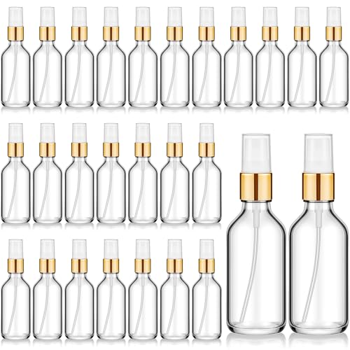 Roshtia 30 Pcs Glass Spray Bottle Clear Empty Bottles Small Refillable Reusable Perfume Bottle with Fine Mist Sprayer Pump for Face Body Travel(2 oz Clear with Gold Lid)