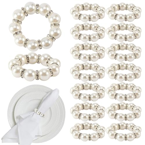 30PCS Pearl Napkin Rings, Silver Holder, Wedding Beaded White, Ru...