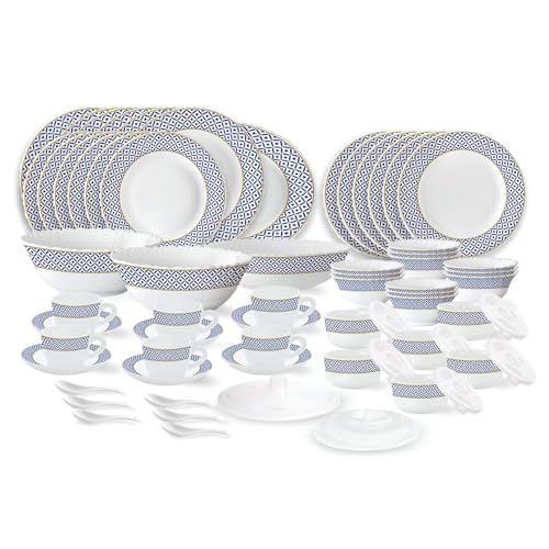 Image of Larah by Borosil Juliet Fluted Series Opalware Dinner Set | 66 Pieces for Family of 6 | Microwave & Dishwasher Safe | Bone-Ash Free | Crockery Set for Dining & Gifting | Plates & Bowls | White