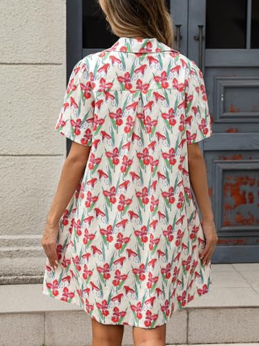 Image of LifeShe Summer Floral Dress Women's Printed Casual Sundress Short Sleeve Button Up Shirt Dresses with Pockets