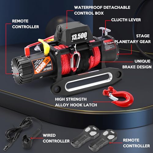 Rengue RG-WNH01 Electric Winch, 13500Lb With 65Ft Synthetic Rope 12V Power Winch With Wireless Remote Control Ip67 Atv Winch For Towing Jeep Off-Road Powerful Motor thumb #2