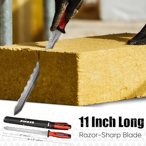 Image of PINOZE 11 inch Insulation Knife, Stainless Steel Blade Insulation Cutter w /Laser Scale, Dual-Side Serrated Duct Knife Tool with Sheath for Cutting Heat Material Foam /Rockwool /Styrofoam, Garden Sod Cutter