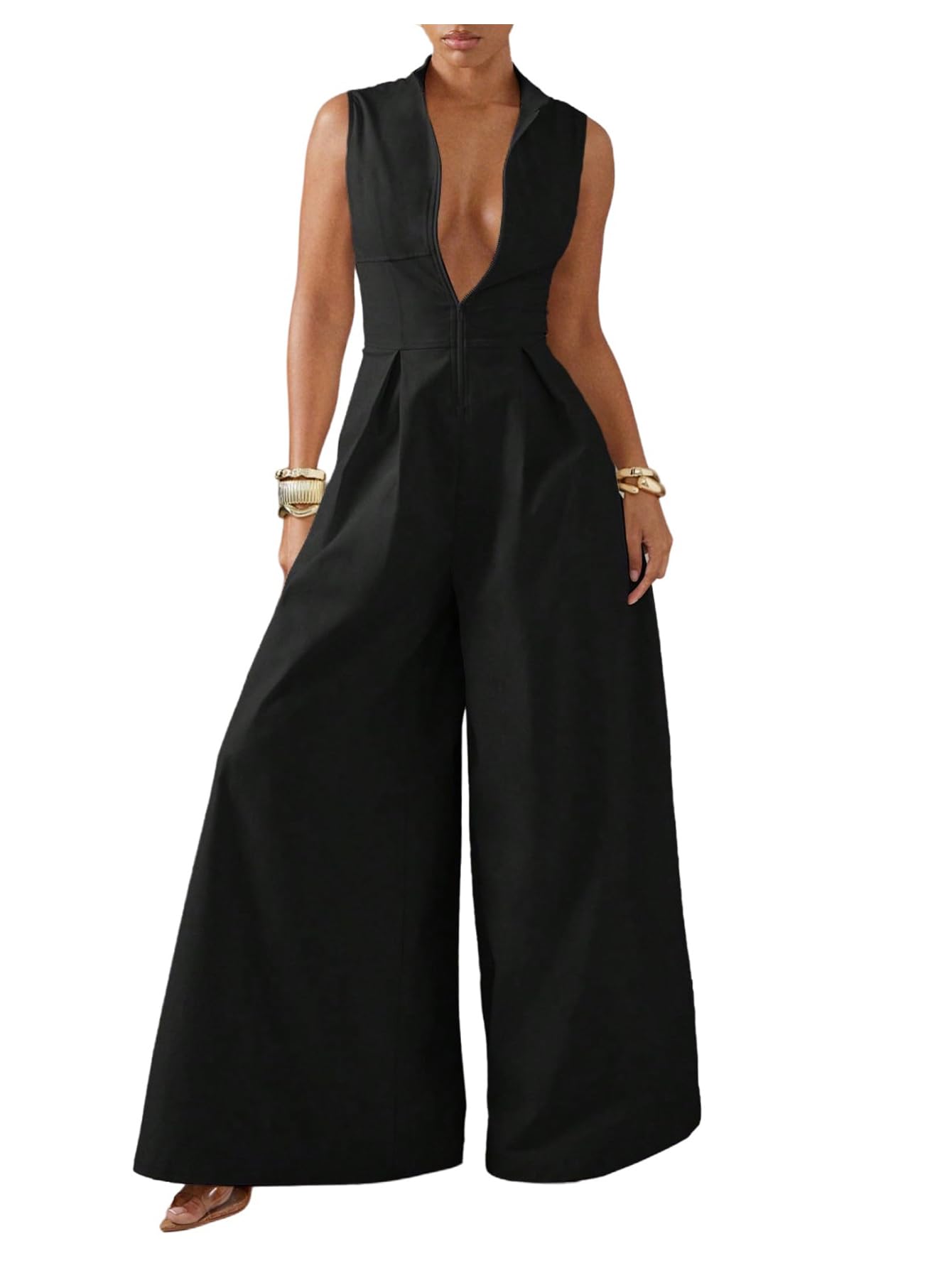 SOLY HUX Women's Zipper Front Wide Leg Jumpsuit