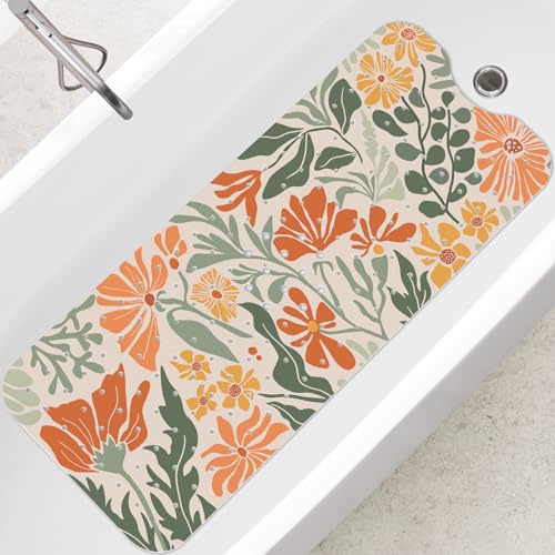 SHUCHING Alfombrilla antideslizante para bañera, 100 x 40 cm, extra larga, antideslizante, para baño, lavable a máquina, diseño retro de azahar