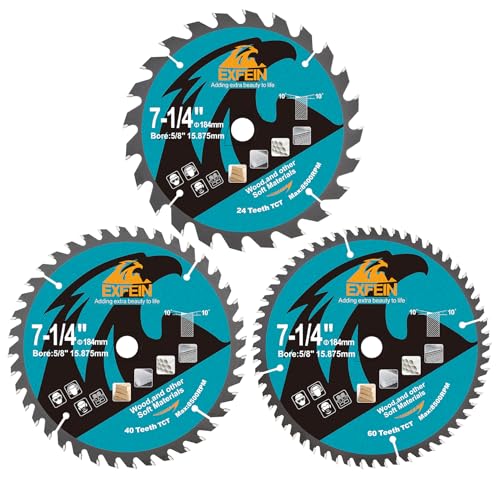 7-1/4 Inch Circular Saw Blades with 5/8" Arbor, TCT Saw Blades 24T+40T+60T for Cutting Wood, Plastic and Composite Materials