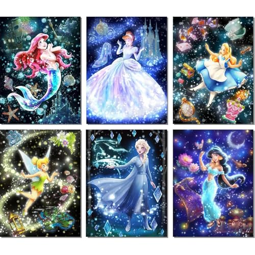 ARPADAMO 6 Pack Princess Diamond Art 5D Princess Diamond Art Kits for Adults DIY Full Drill Diamond Painting Kit Home Wall Decor Diamond Painting(12x16 Inch)