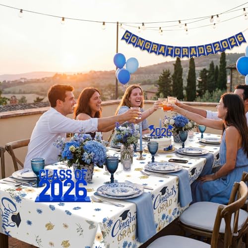 Image of Ganeen 3 Pcs Graduation Tablecloth Floral Class of 2026 Congrats Grad Table Cloths Blue Disposable Plastic Rectangle Table Cover for 2026 Graduation Decorations Grad Party Supplies, 54 x 108 Inch