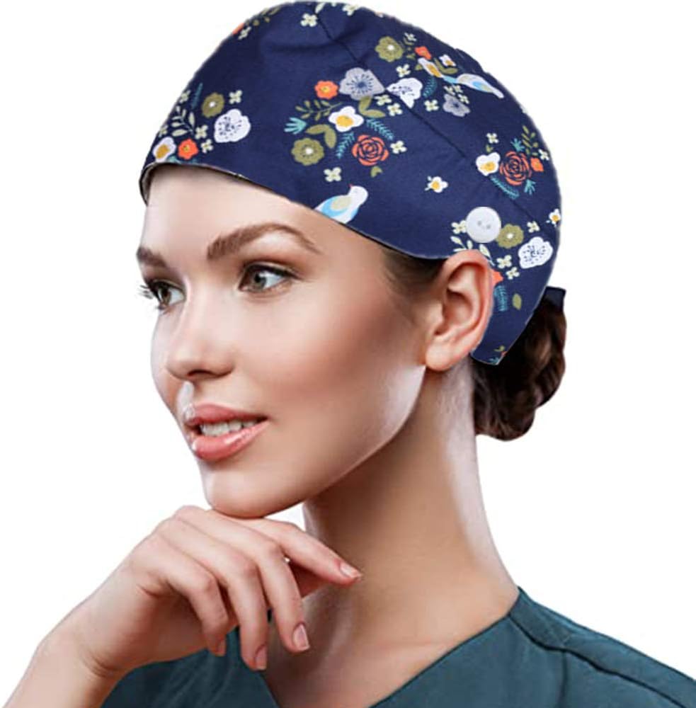 8 Packs Adjustable Cotton Working Caps with Button Sweatband Tie Back Hats Headwear Printed for Women Men