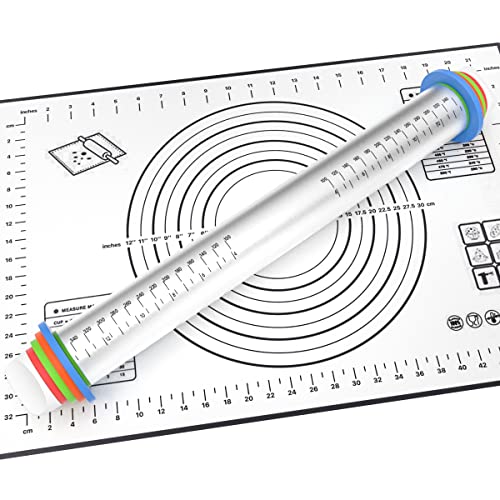 Nudelholz Edelstahl,UYOTBKEUB Einstellbare Dicke Teigrolle und Antihaft Silikon Backmatte Set mit Messmarkierung für Plätzchen Gebäck Pizza Pasta