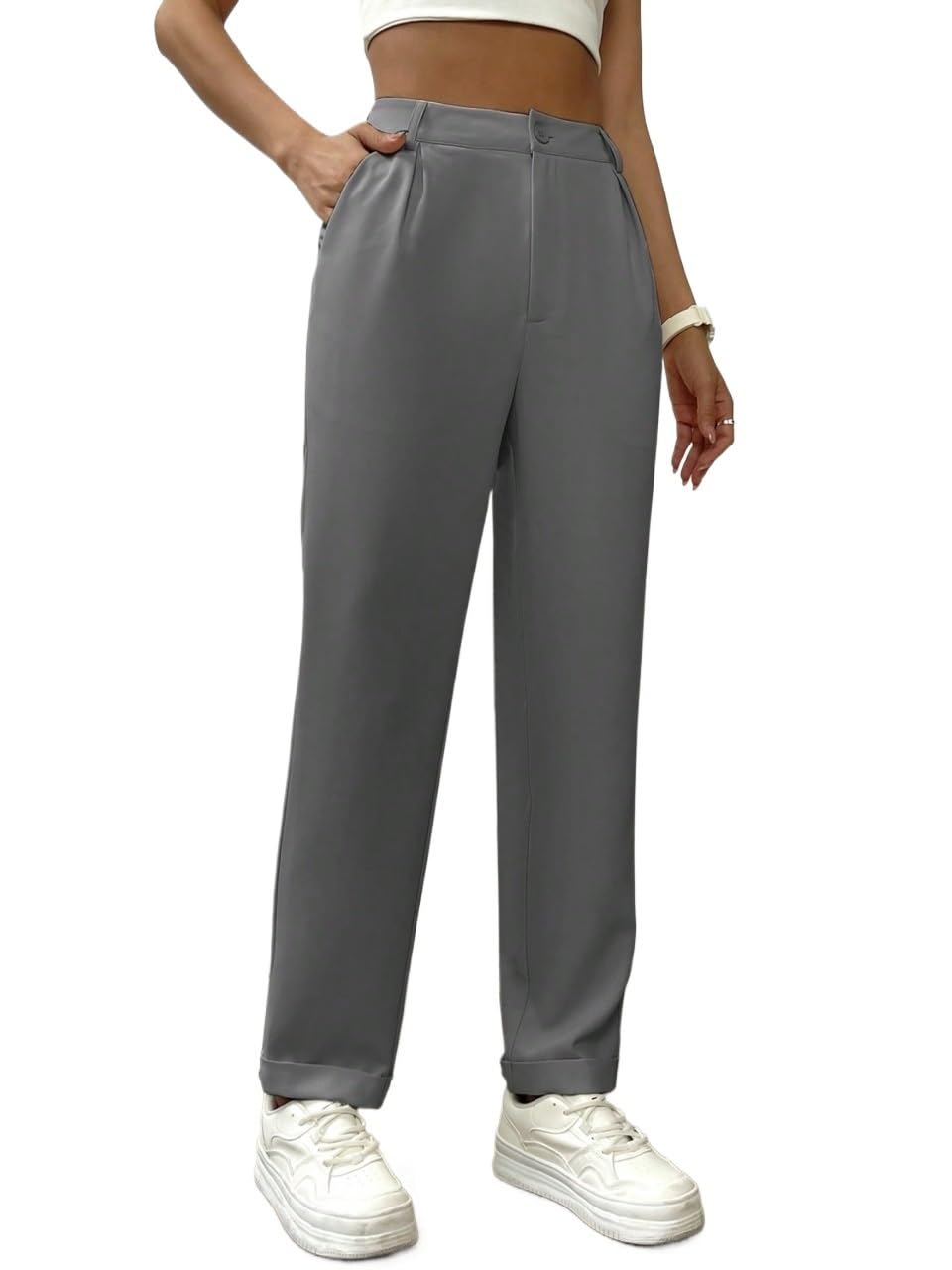 Womens Fall High Waist Pants Spring Fall Casual Pants Trousers Gray